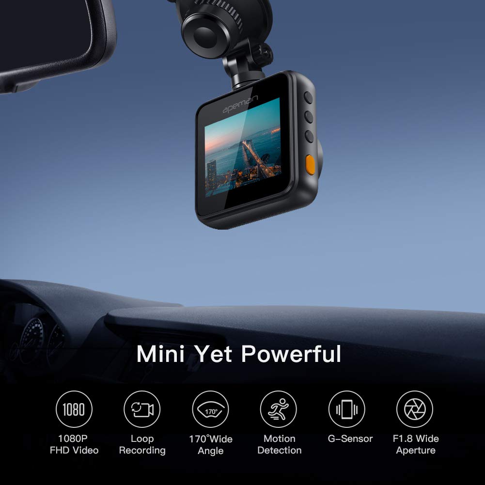 APEMAN Mini Dash Cam 1080P Full HD Dash Camera for Cars Recorder Super Night Vision, 170° Wide Angle, Motion Detection, Parking Monitoring, G-Sensor, Loop Recording