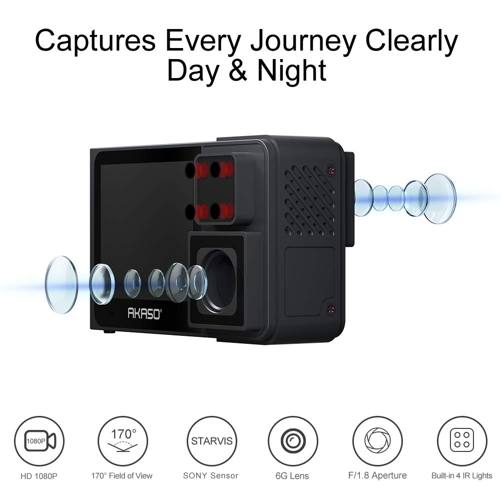 AKASO Trace 1 Dual Dash Cam for Cars, Car Dash Camera Front 1080P60 Dual 1080P30 340° Coverage Infrared Night Vision with Sony STARVIS Loop Recording G-Sensor Support max. 128GB Card