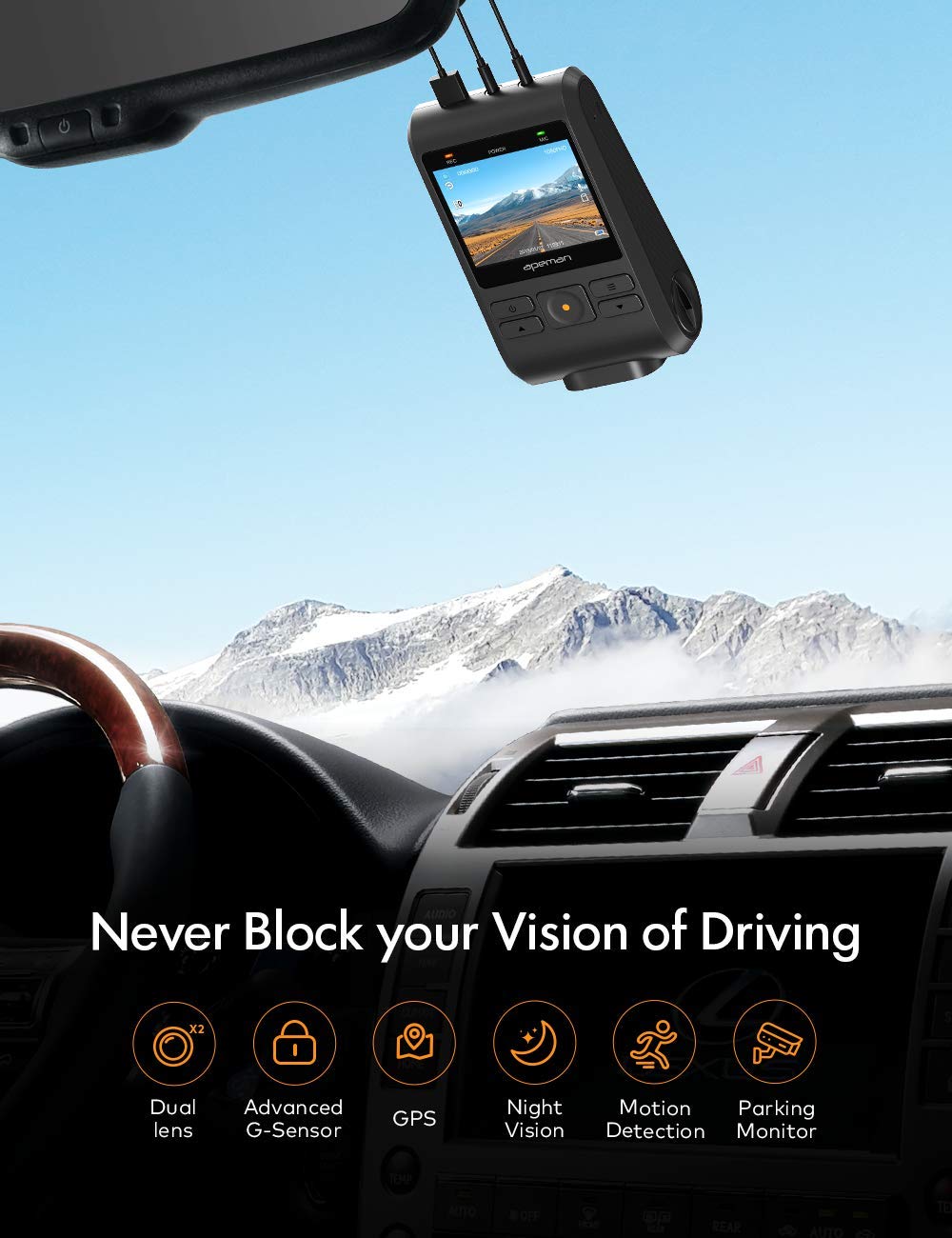APEMAN Dash Cam, Front and Rear Camera for Cars FHD 1080P IPS Screen, Support GPS, SD Card Included, 170°Wide Angle, Motion Detection, Night Vision, G-Sensor, Parking Monitor, Loop Recording, WDR