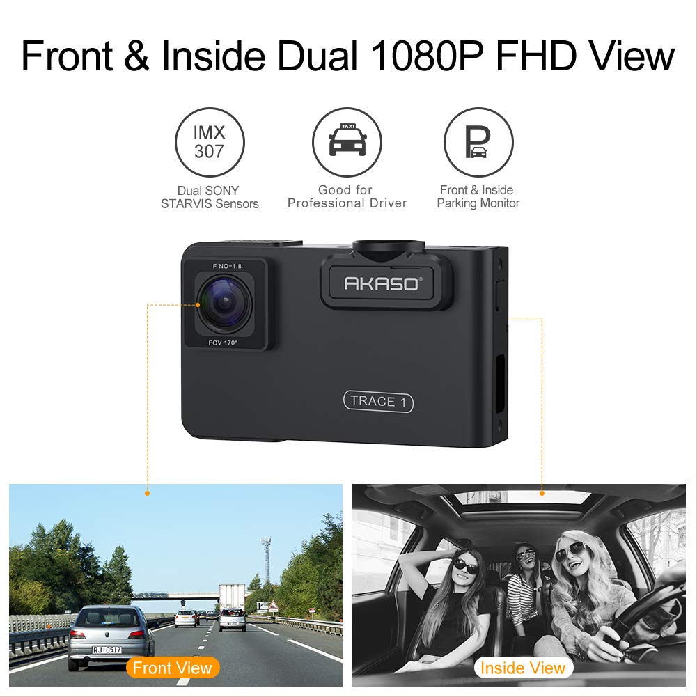 AKASO Trace 1 Dual Dash Cam for Cars, Car Dash Camera Front 1080P60 Dual 1080P30 340° Coverage Infrared Night Vision with Sony STARVIS Loop Recording G-Sensor Support max. 128GB Card