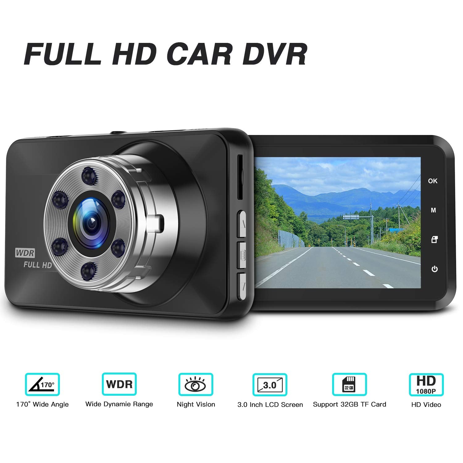 Dash Cam, Amuoc 1080P FHD DVR Car Driving Recorder 3 Inch LCD Screen 170° Wide Angle, G-Sensor, WDR, Parking Monitor, Loop Recording, Motion Detection