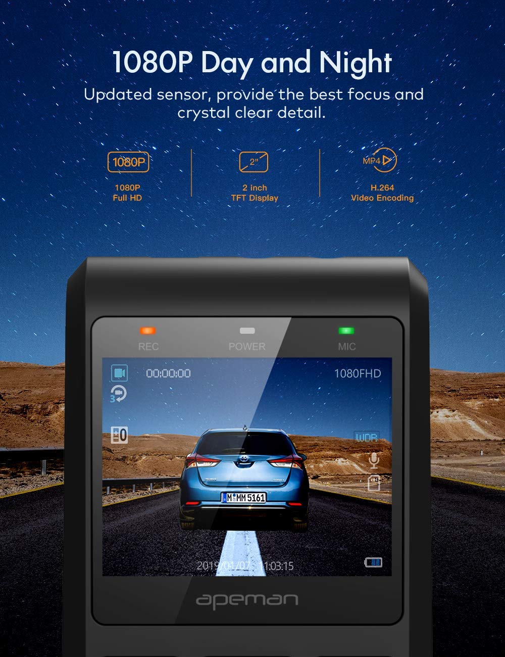 APEMAN Dash Cam, Front and Rear Camera for Cars FHD 1080P IPS Screen, Support GPS, SD Card Included, 170°Wide Angle, Motion Detection, Night Vision, G-Sensor, Parking Monitor, Loop Recording, WDR