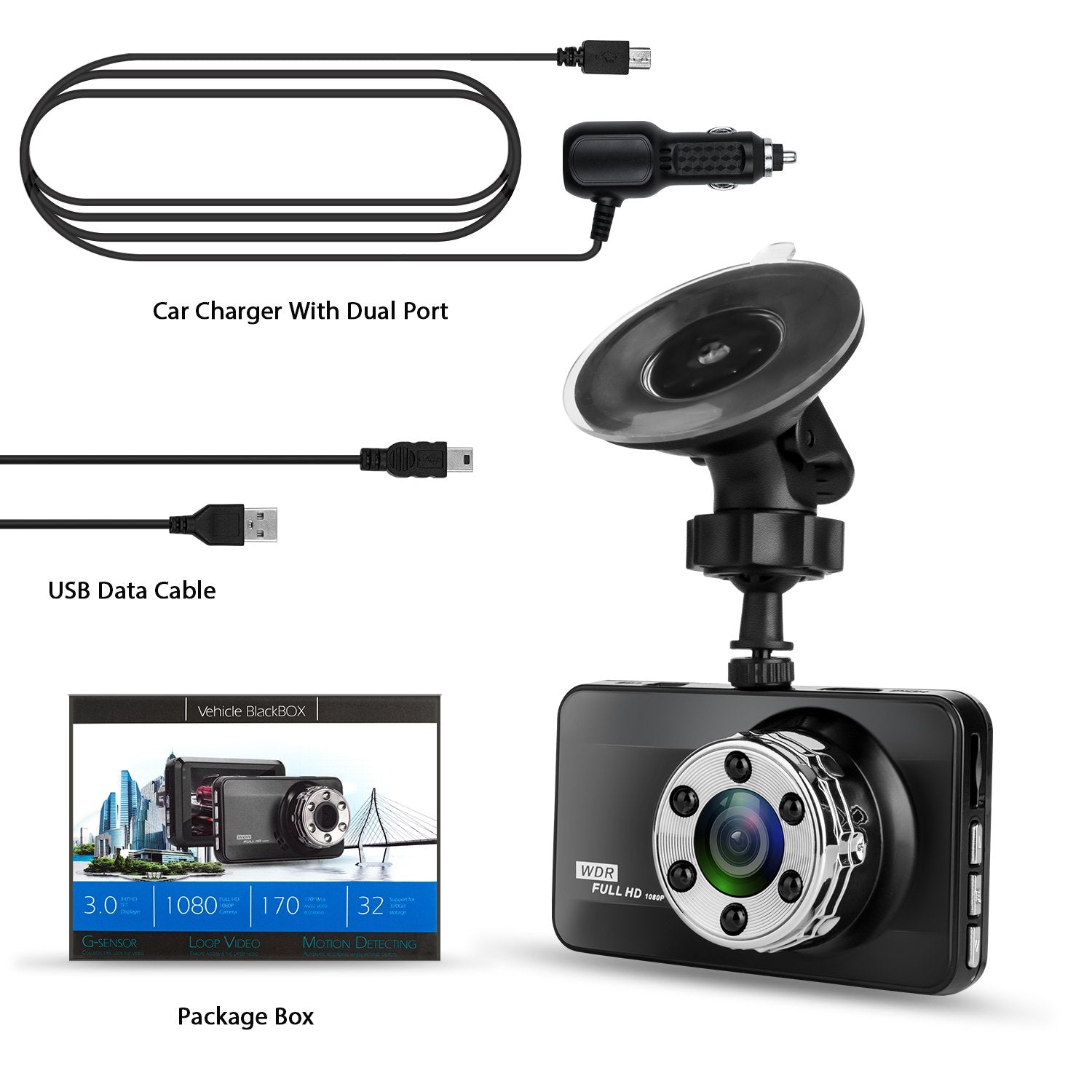 Dash Cam, Amuoc 1080P FHD DVR Car Driving Recorder 3 Inch LCD Screen 170° Wide Angle, G-Sensor, WDR, Parking Monitor, Loop Recording, Motion Detection
