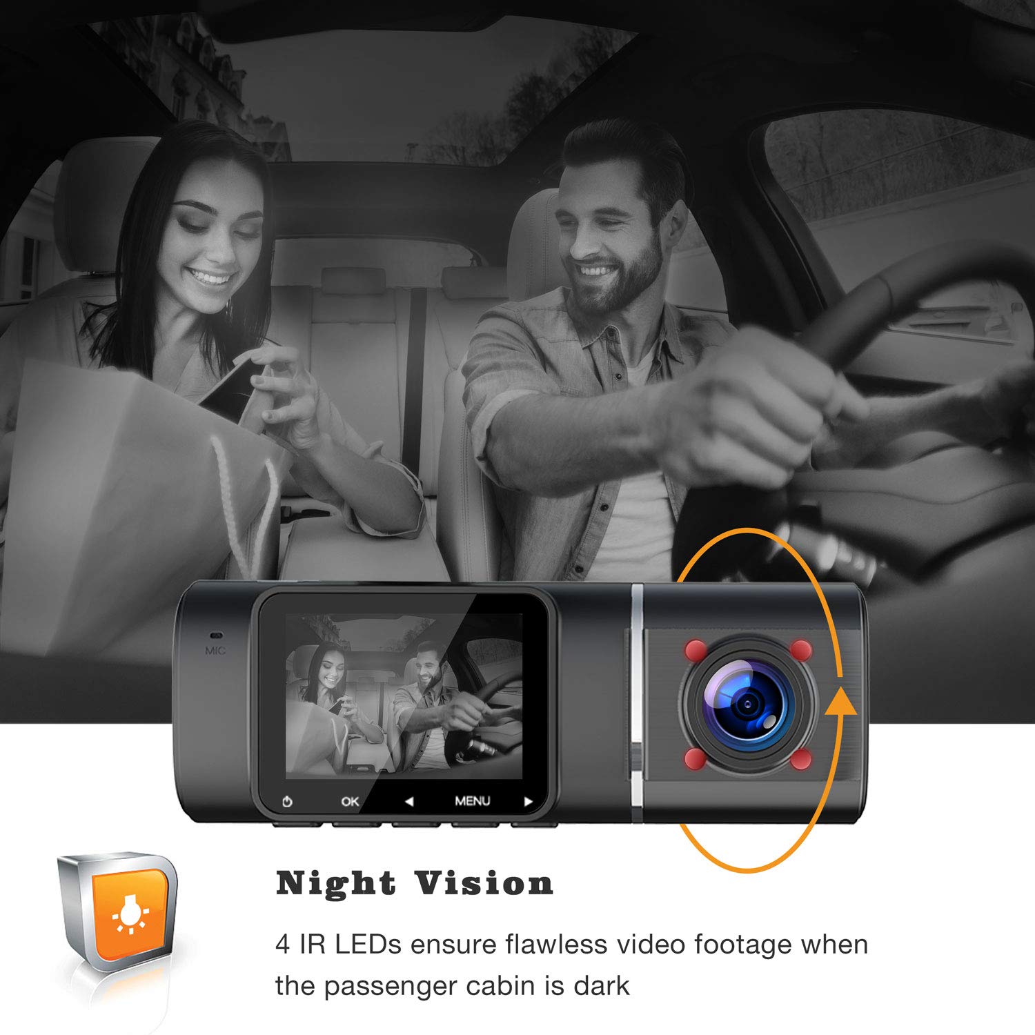TOGUARD Dual Dash Cam with IR Night Vision, HD 1080P Front and 720P Inside Cabin Dash Camera 1.5 inch LCD Screen 310° Wide Angle Dual Lens Car Driving Recorder for Uber Cars Truck Taxi