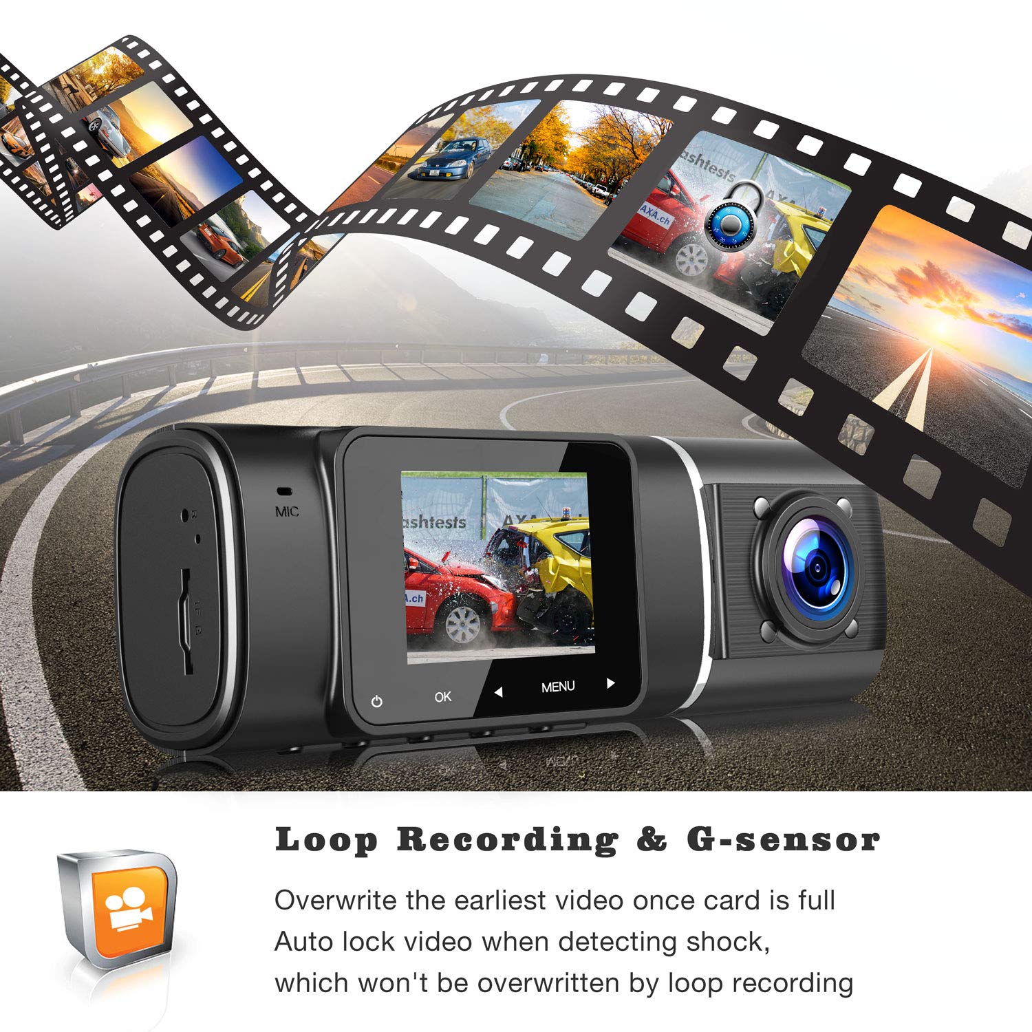 TOGUARD Dual Dash Cam with IR Night Vision, HD 1080P Front and 720P Inside Cabin Dash Camera 1.5 inch LCD Screen 310° Wide Angle Dual Lens Car Driving Recorder for Uber Cars Truck Taxi