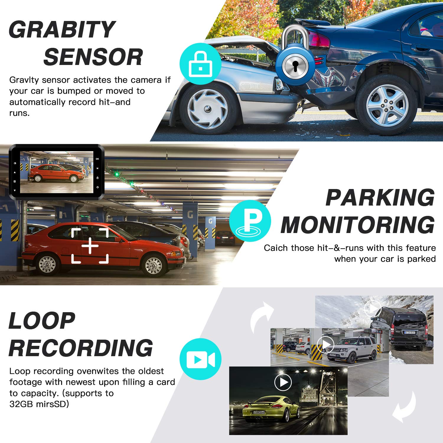 Dash Cam, Amuoc 1080P FHD DVR Car Driving Recorder 3 Inch LCD Screen 170° Wide Angle, G-Sensor, WDR, Parking Monitor, Loop Recording, Motion Detection